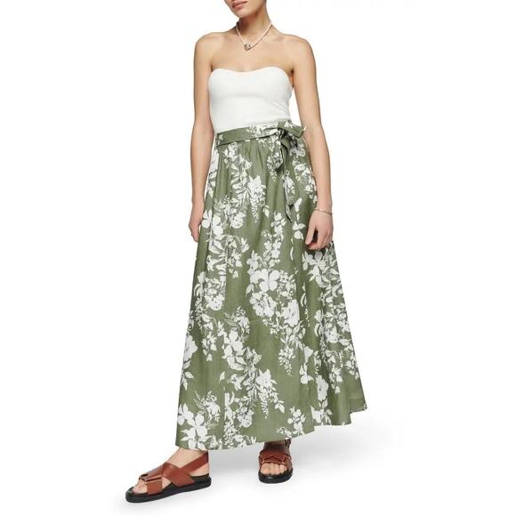 Reformation Sz 4 Karen Linen Skirt Green White Tie Split GREAT! - Picture 1 of 7